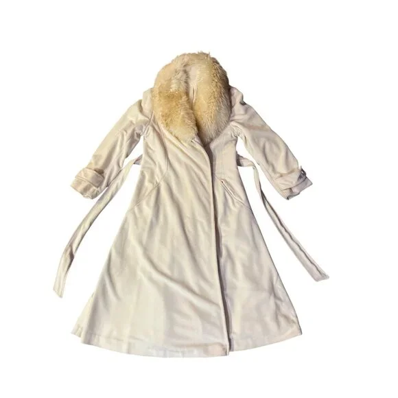 Vintage Kashmiracle Coat Womens S/M? Cream Fur Collar Used Long Belted Coat Uniq - Picture 4 of 16